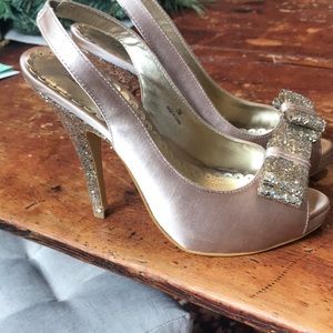 Satin gold glitter bow pumps